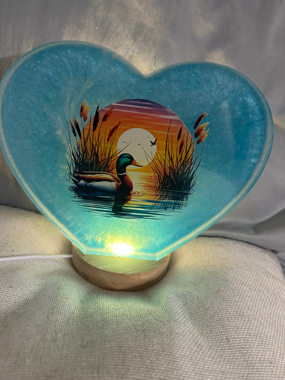 Large resin duck blue with moon on the cattails