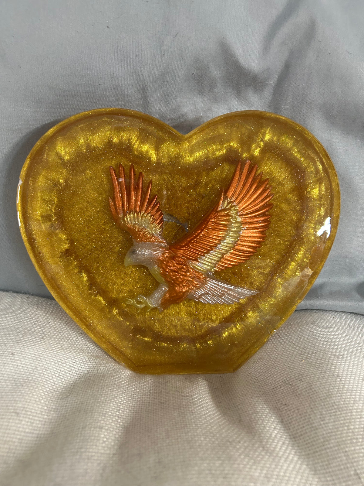 Large resin heart with bronze and gold eagle in gold resin