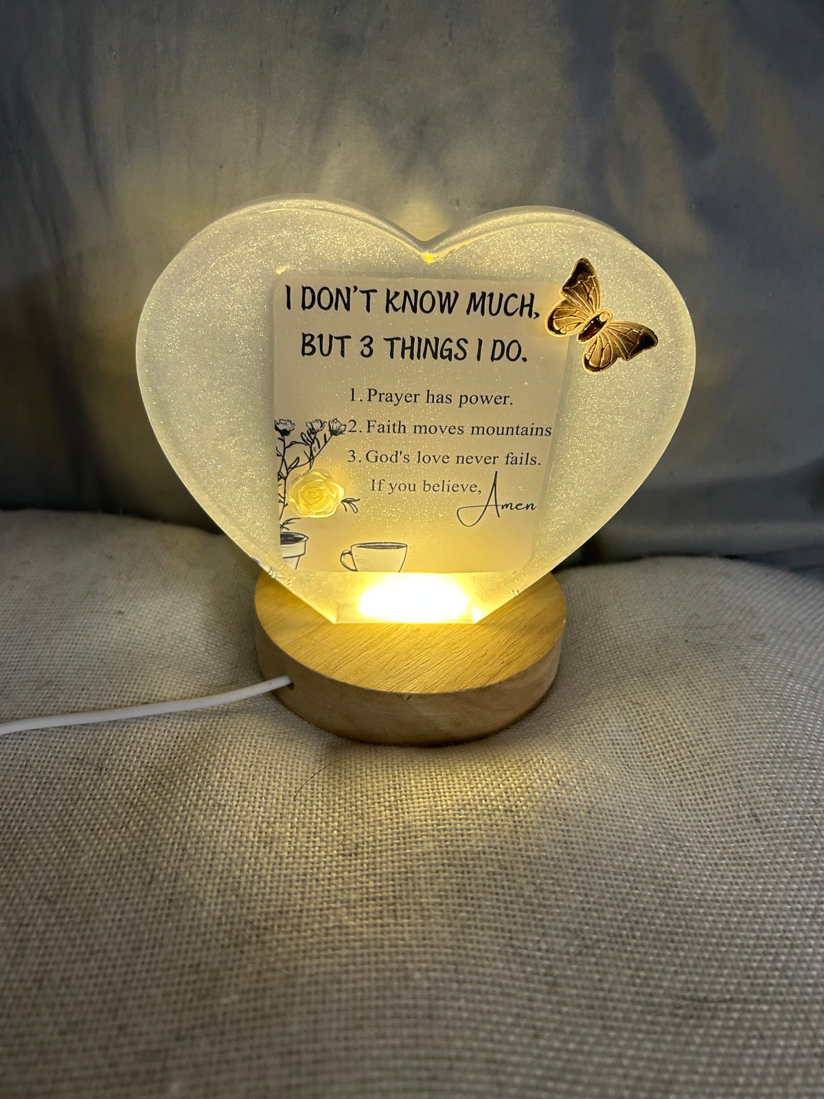 Small white heart with butterflies. Quote “I Don’t Know Much”