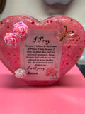Small pink resin heart “I Pray” with roses and butterflies