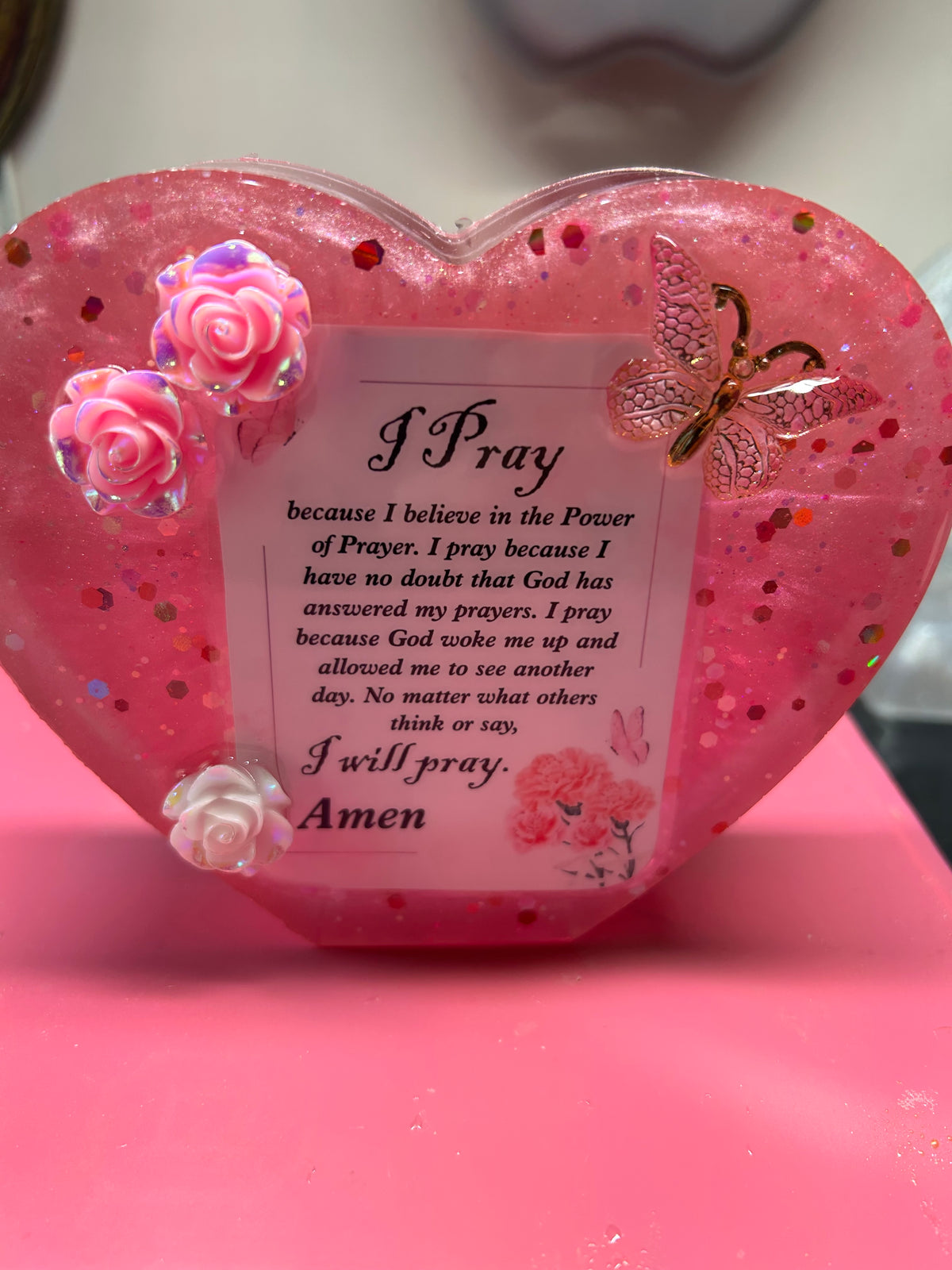 Small pink resin heart “I Pray” with roses and butterflies