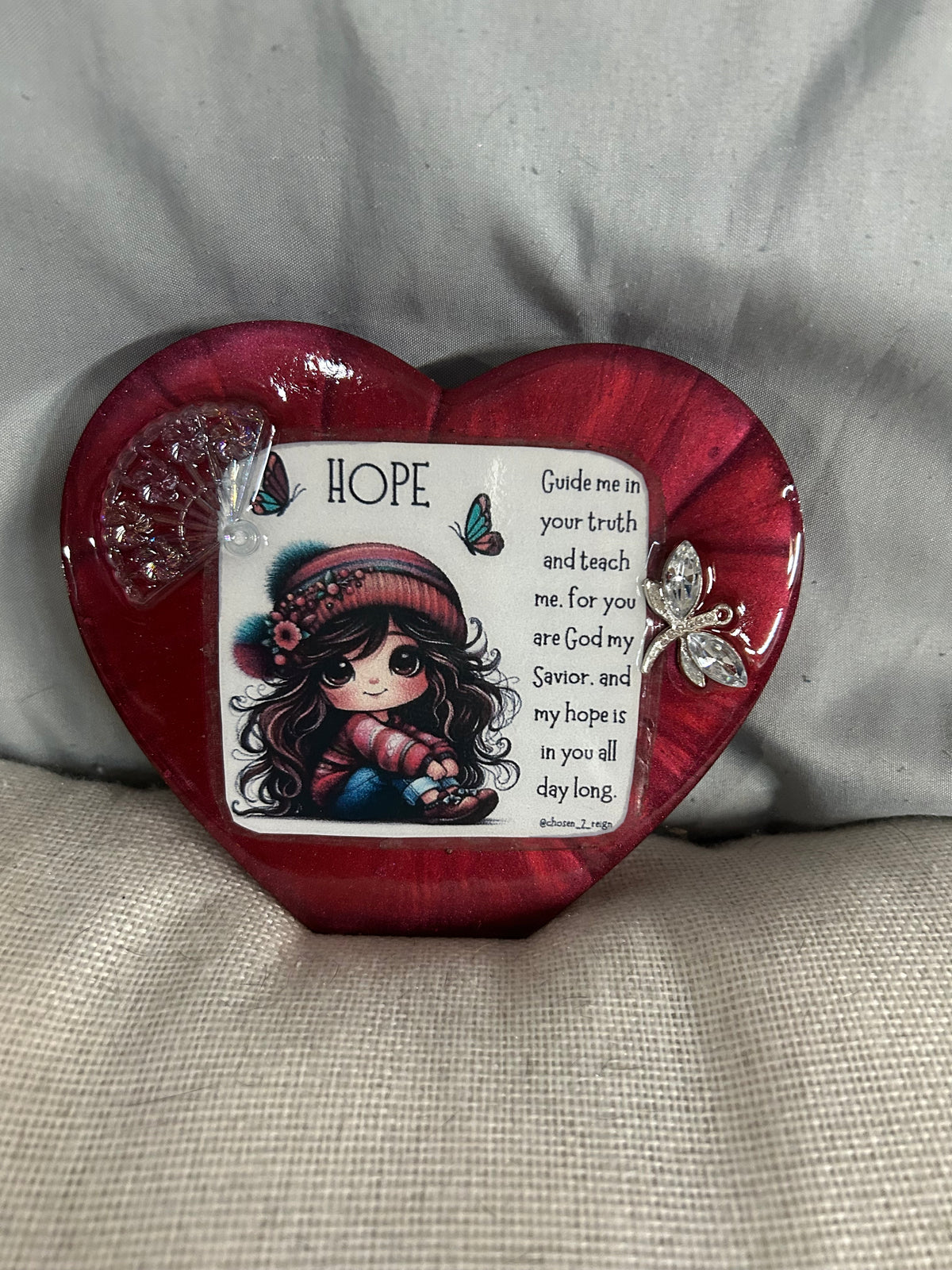 Small maroon resin heart with “Hope” and sweet girl