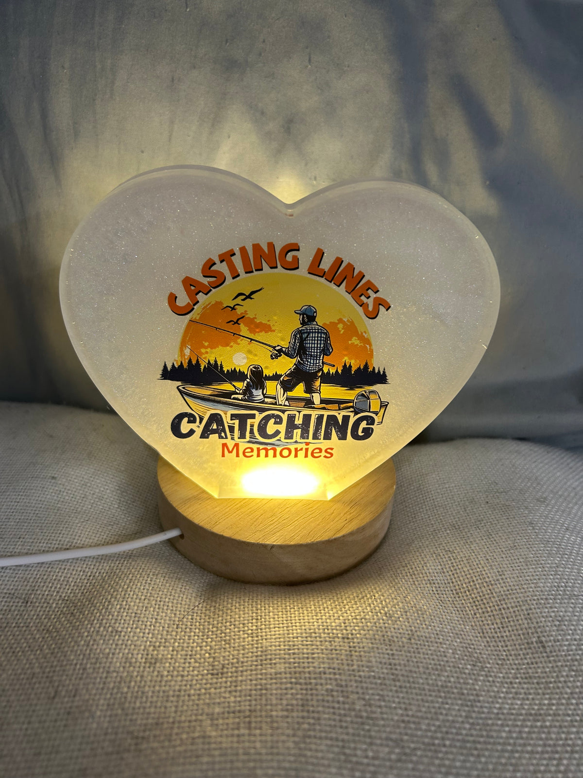 “Casting Lures Making Memories “ small resin heart with USB light